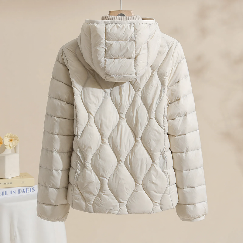 Lightweight, thin down jacket with a hood for women