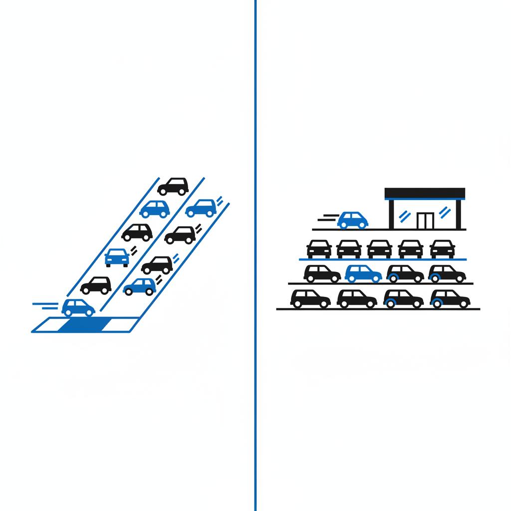 Minimalist 2D vector split screen showing a wholesale auction lane and a retail dealership lot for black book car value comparison
