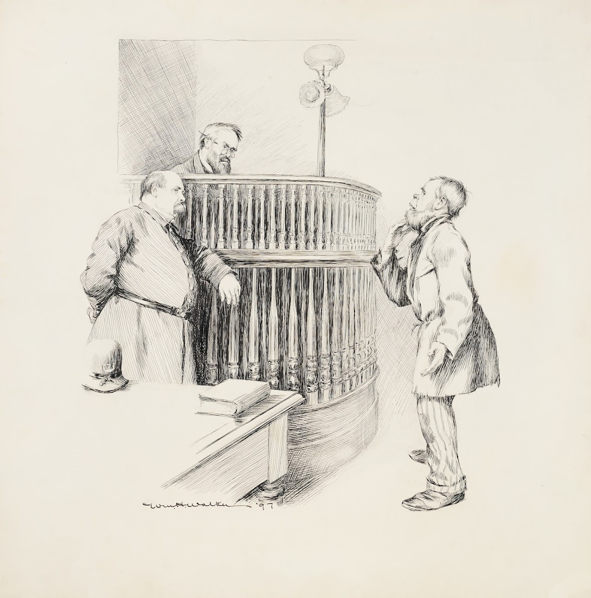 A man with a beard stands before a judge and a police officer The man has a dark