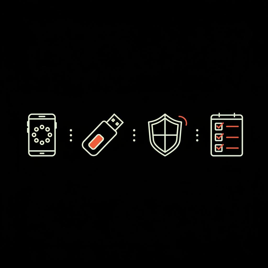 Minimal vector infographic showing authenticator app, hardware key, shield, and checklist icons on a black background illustrating how to reactivate Google account.
