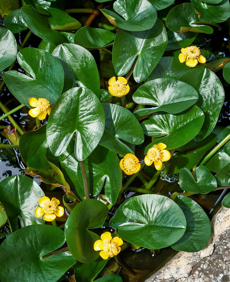Nuphar japonica ninfea giapponese con foglie galleggianti e fiore giallo brillante in uno stagno