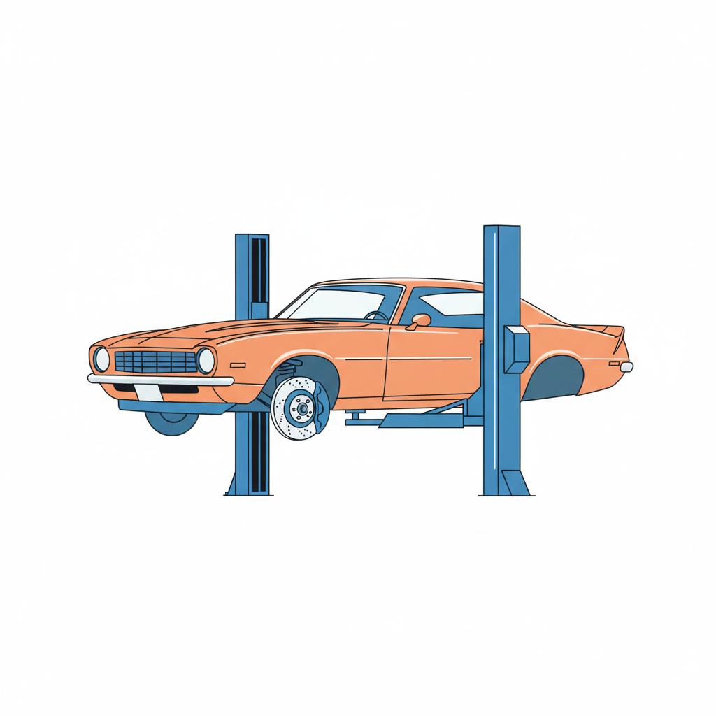 Minimalist 2D vector of a Camaro on a service lift showing exposed brake rotor caliper and suspension components with toolkit nearby camaro for sale near me