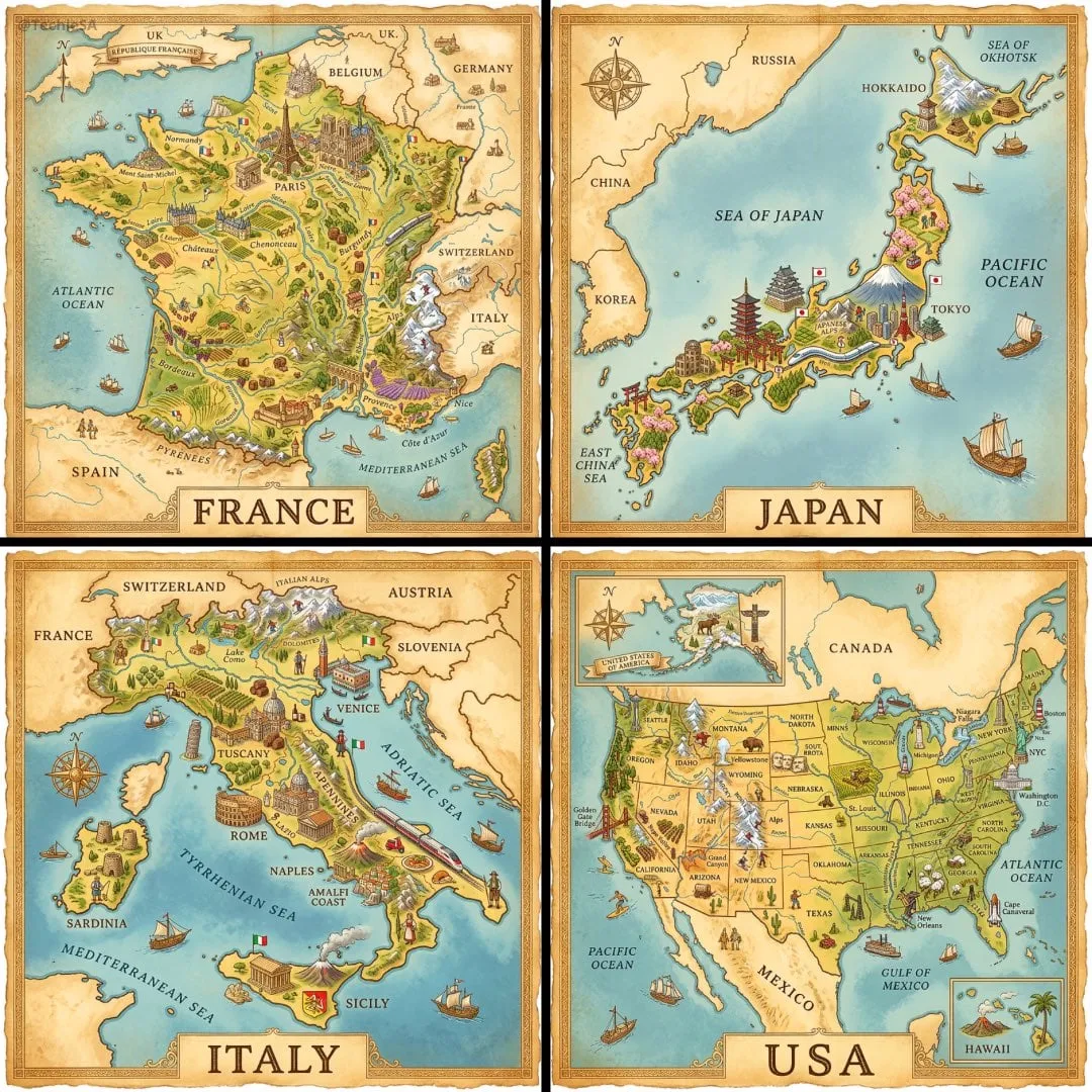 Una ilustración isométrica pintada a mano con vista de pájaro de [COUNTRY] en un estilo de mapa antiguo, que presenta elementos icónicos...