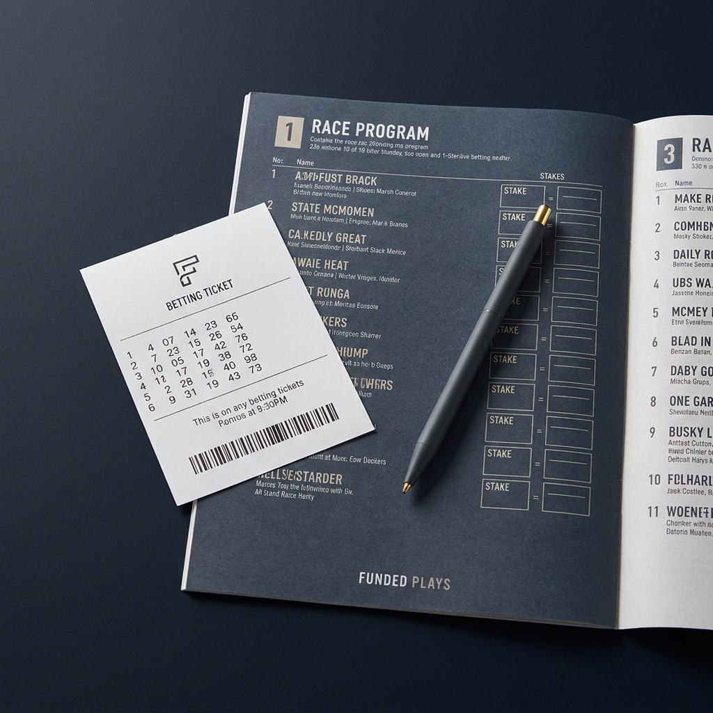 Close up of a betting ticket and pen on a race program showing numbers and stake boxes types of bets horse racing minimal dark branded background with subtle accent color