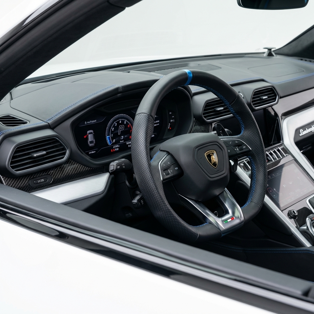 Close crop of Lamborghini Urus interior dashboard and steering wheel with legible VIN plate on driver side windshield luxury black leather and blue stitching lamborghini urus for sale