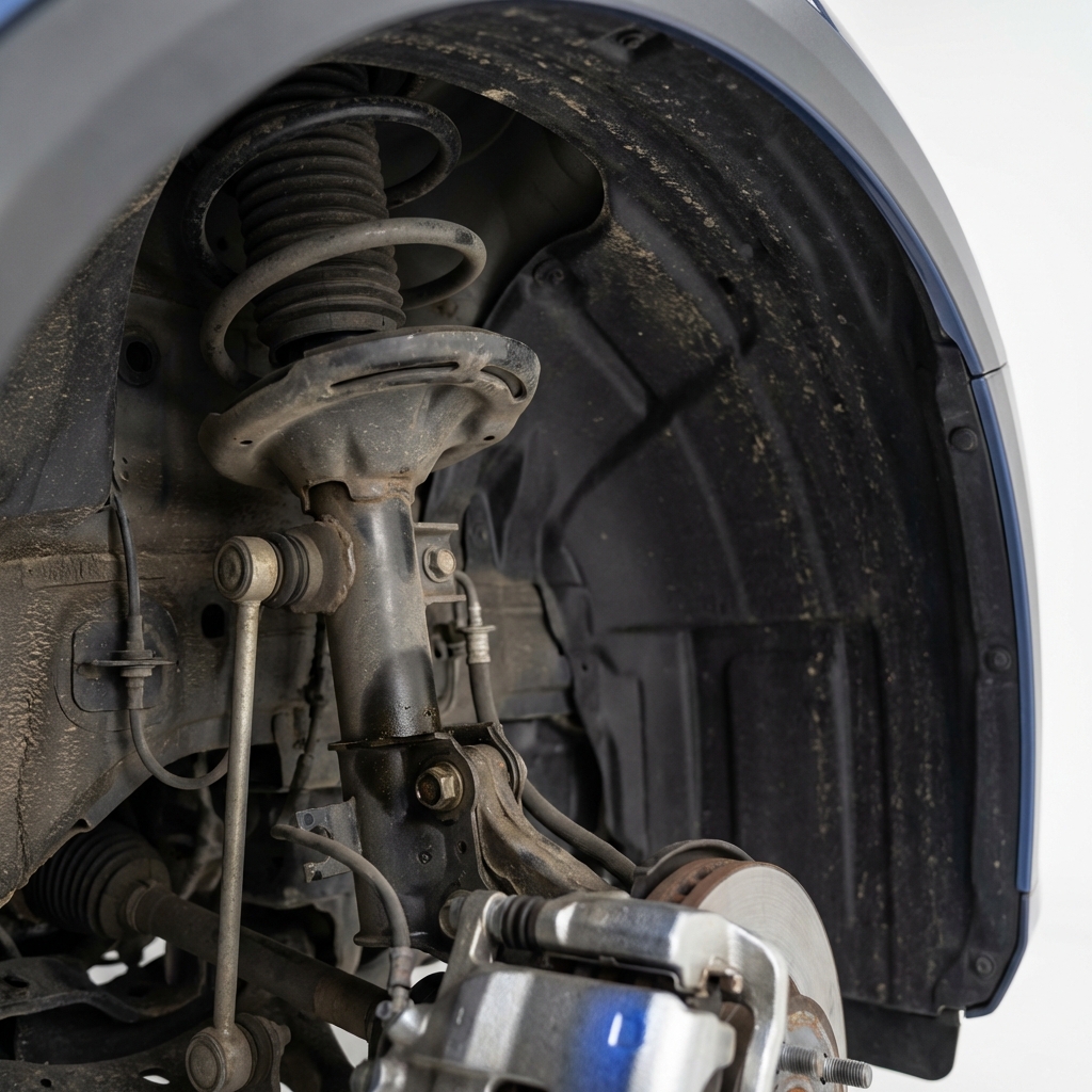 Mazda wheel arch and strut close up showing mild dirt and a small oil sheen near the strut indicating mazda car problems on white background with 3666ed accent