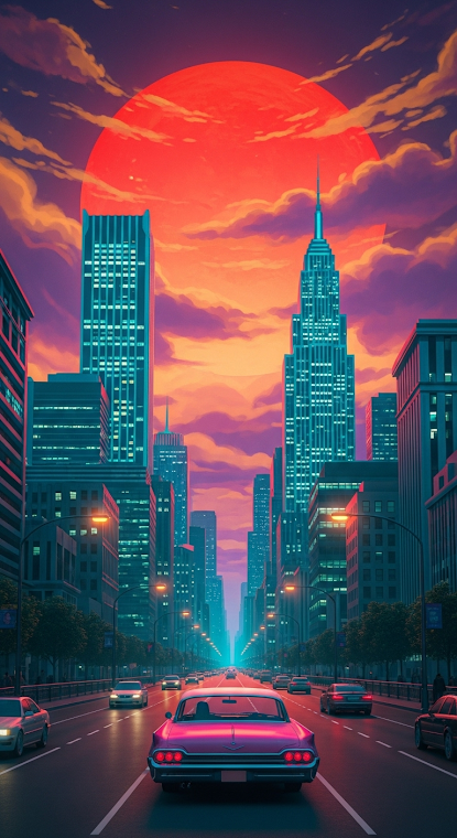 Retro Car City Sunset