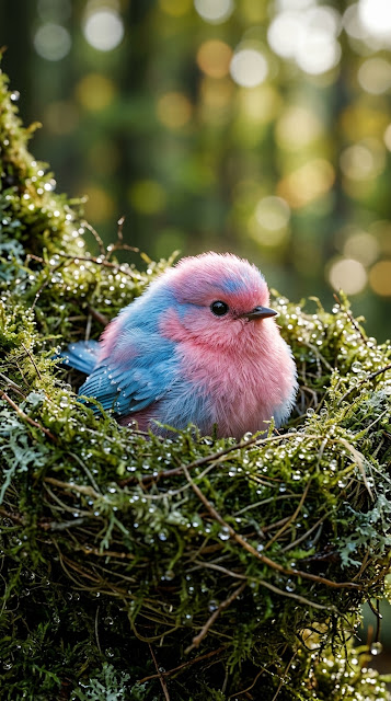 Small Pink and Blue Bird Perched on a Mossy Branch with Dew Drops - Free mobile Wallpaper