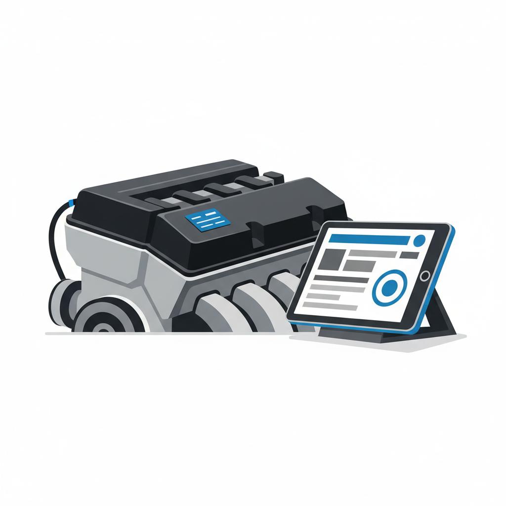 Minimalist 2D vector close up of a car engine bay with a freestanding diagnostic tablet displaying an abstract completed VIN report with blue accent frame Which Hyundai has the least problems