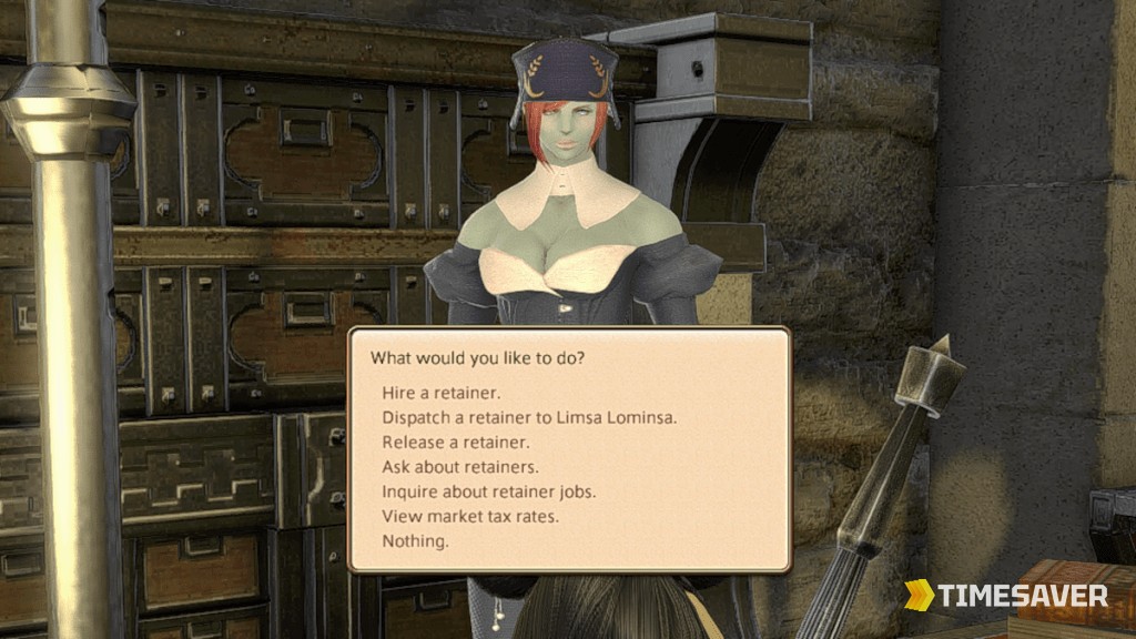 The Summoning Bell retainer menu in FFXIV showing hire, dispatch, and venture options — the core of passive gil for new players