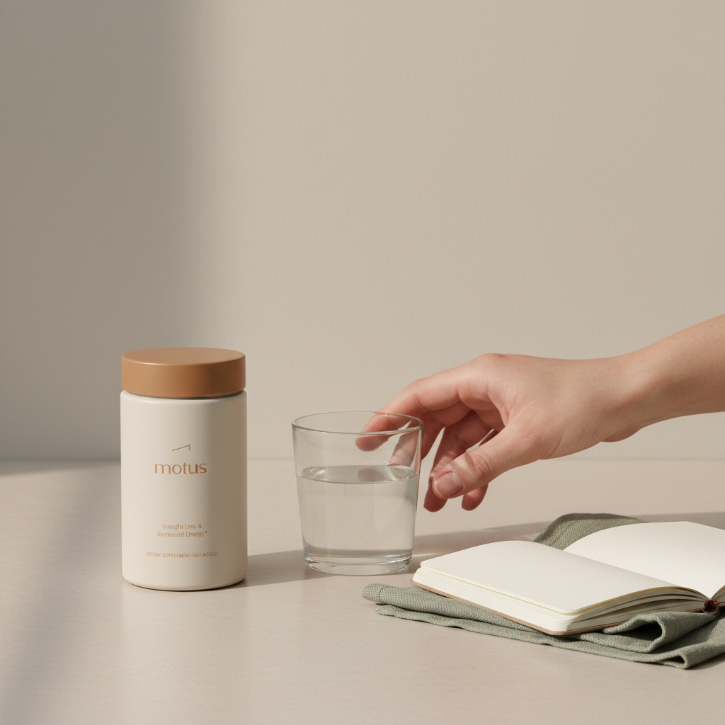 Motus supplement bottle on a neutral kitchen counter next to a glass of water and open journal, hand reaching; soft natural light—do fiber pills help you lose weight?