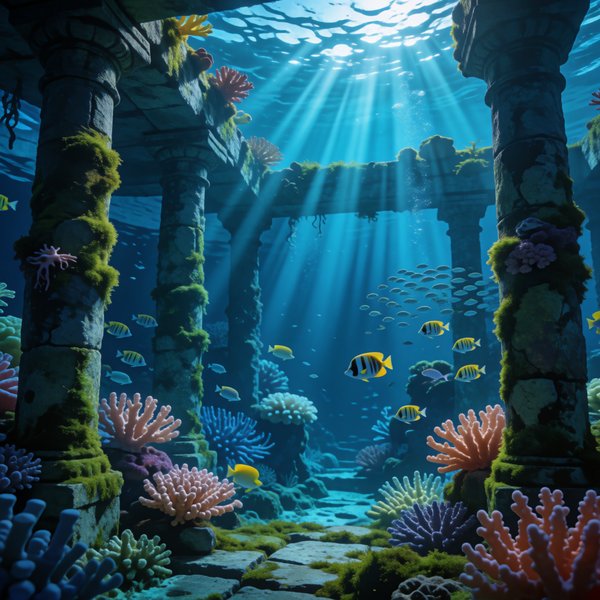 수중 유적 — Krea 2 Turbo 1024x1024, 18초 생성, Turbo 모드에서도 디테일 유지