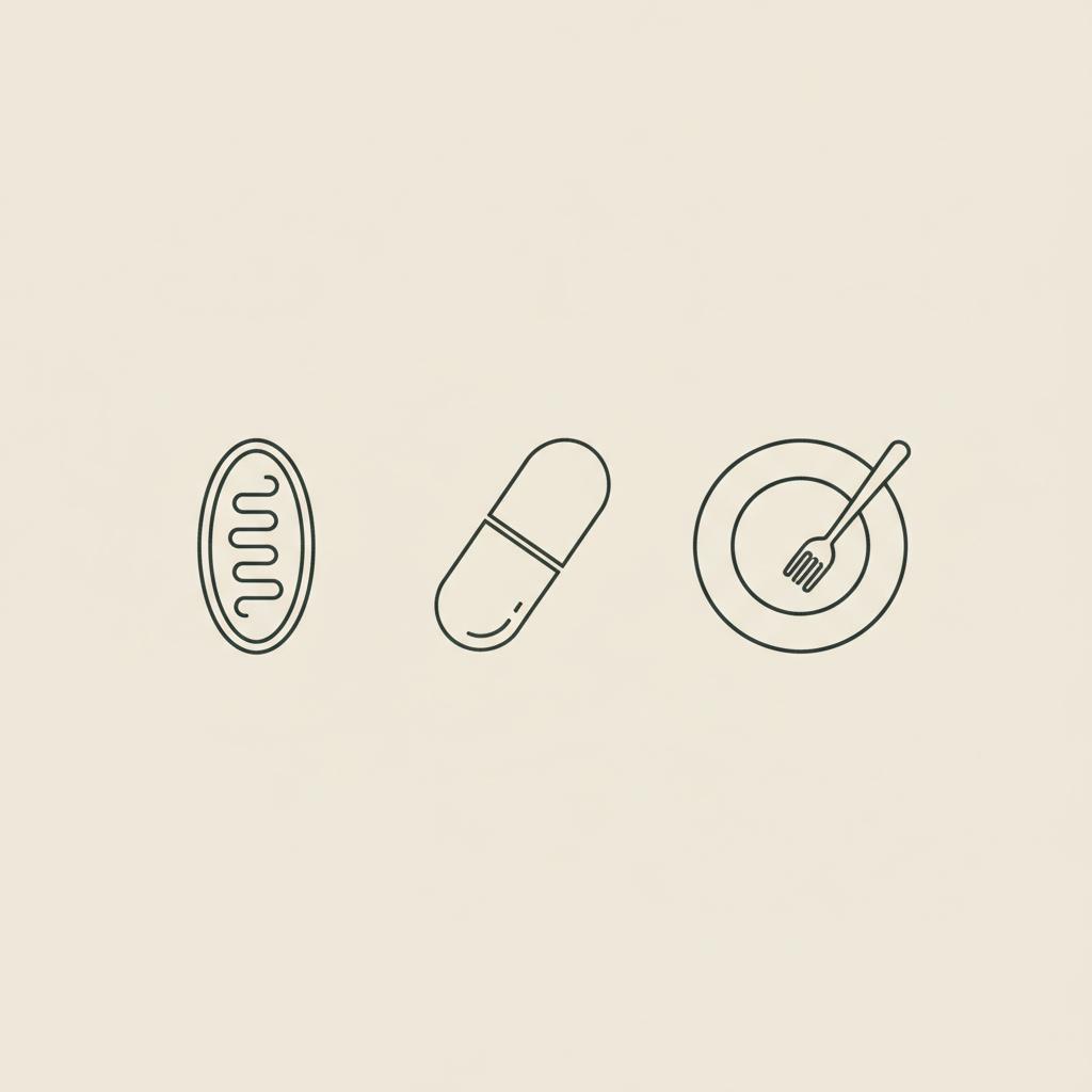 Minimalist Tonum-style vector illustration of a mitochondrion, capsule and plate with fork on beige background illustrating NAD+ benefits for metabolism.