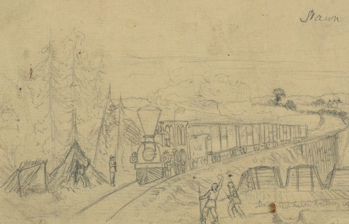 Railroad train crossing Potomac Creek bridge 1863