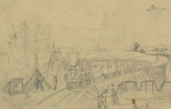 Railroad train crossing Potomac Creek bridge 1863