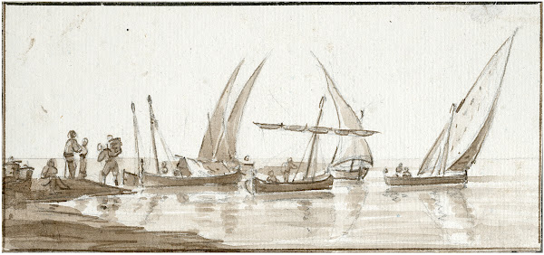Zeilscheepjes bij een kust