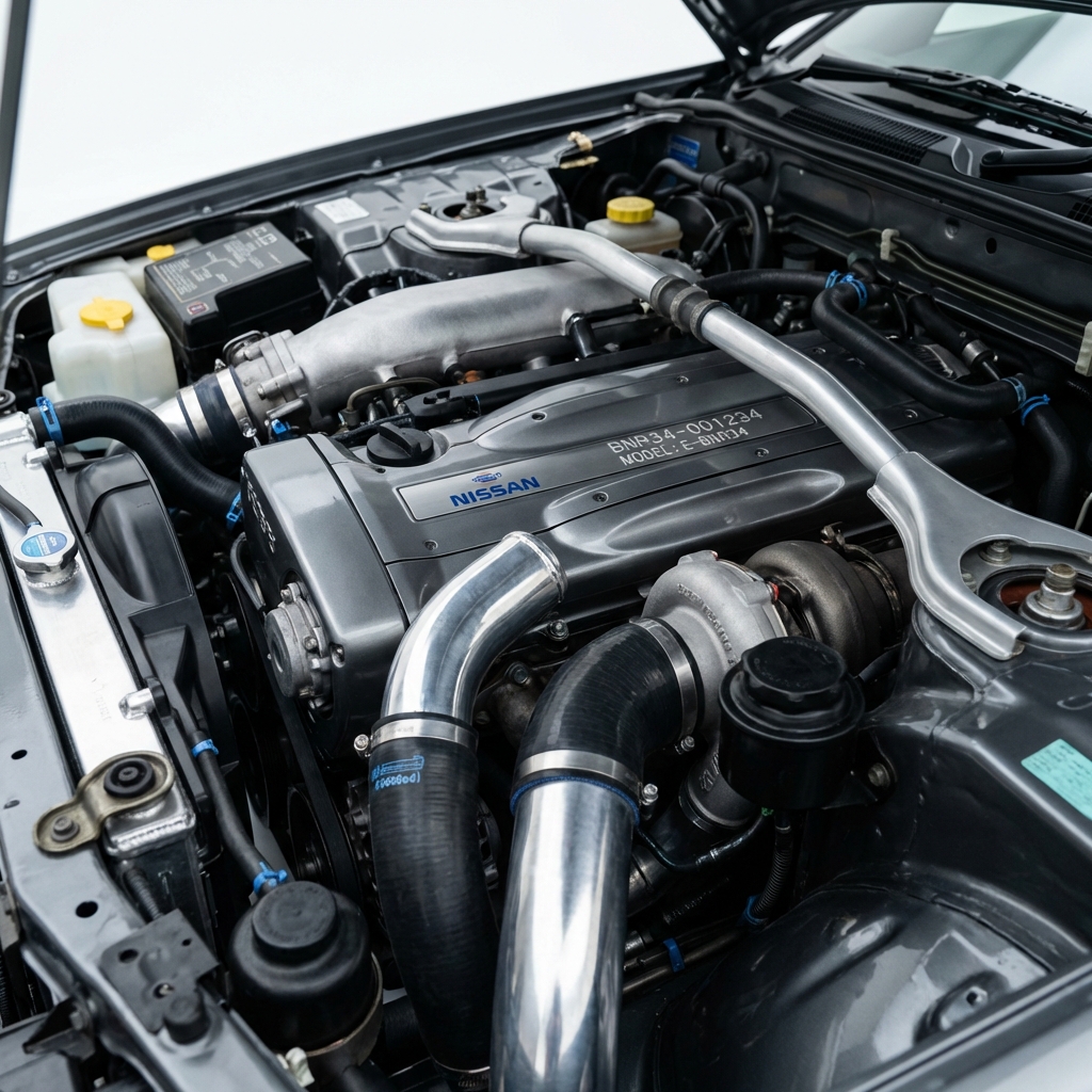 Close up of nissan skyline r34 for sale VIN plate and clean engine bay showing layout and readable stamped VIN on white minimalist background