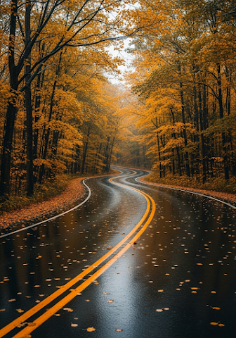 Wet Autumn Road in a Forest