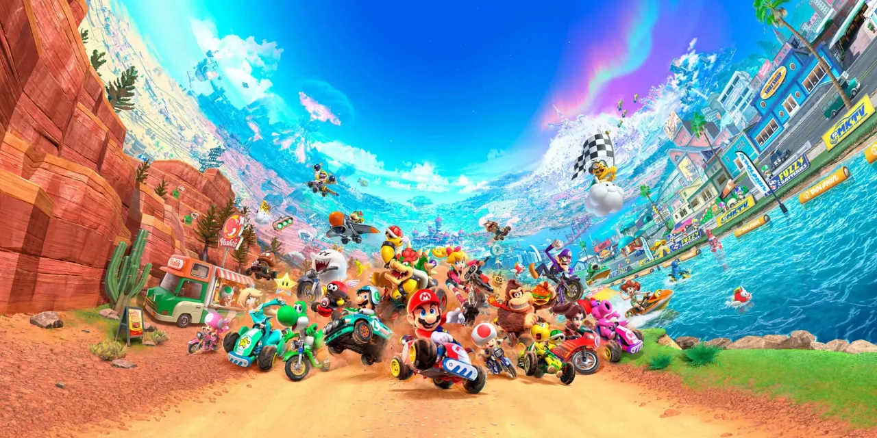 Mario Kart World 1.4.0 update splash art with karts and iconic characters