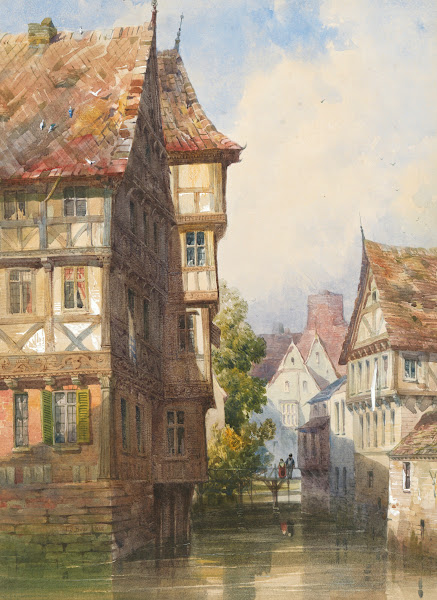 Figures on a bridge over a canal Braunschweig Germany 1865