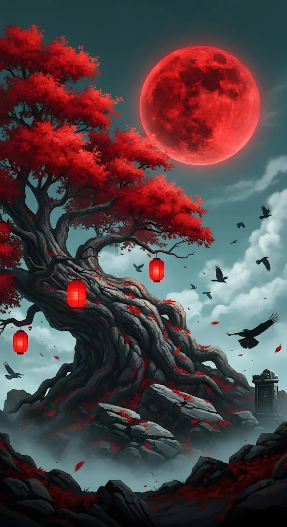 Ancient Red Maple Tree Under Giant Blood Moon