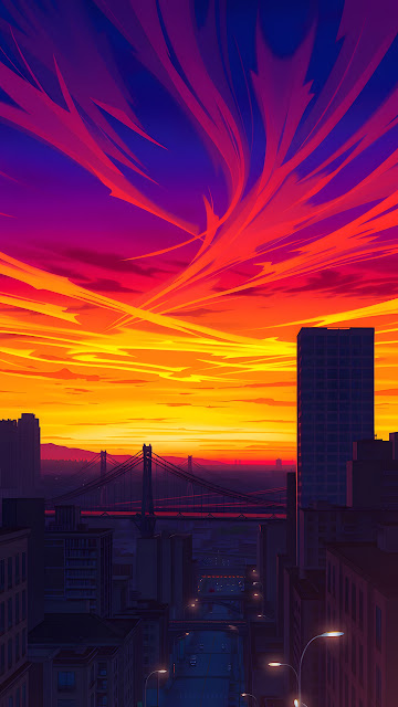 Fiery Sunset Over Urban Skyline and Suspension Bridge - Free mobile Wallpaper