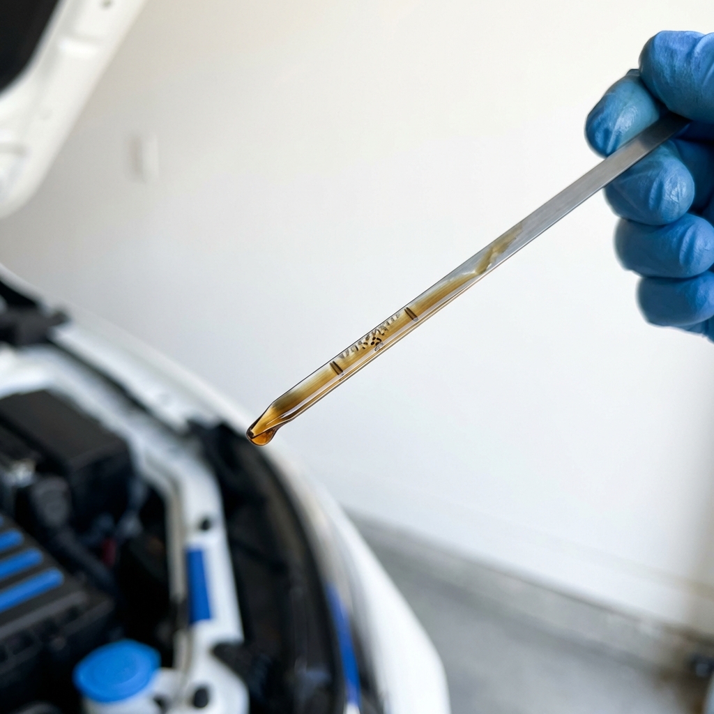 Close up of dipstick with visible amber oil during a daytime inspection of a Toyota Corolla for sale showing oil level and clean engine detail