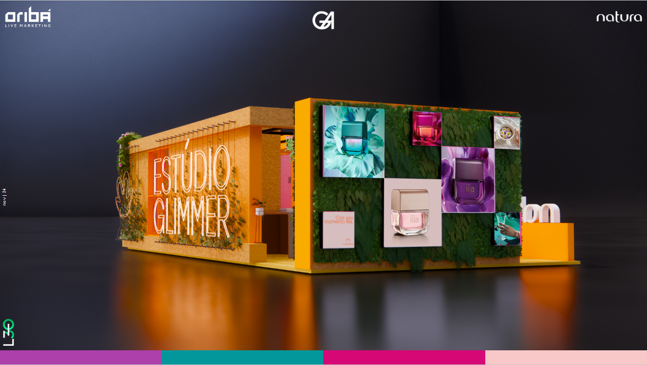 Render final do Estúdio Glimmer para Natura, com letreiro luminoso, branding e parede de mídia com produtos da linha Ilía.