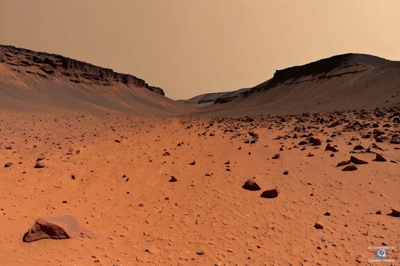 A realistic, photorealistic surface photograph taken on Mars, ground-level wide-angle perspective.