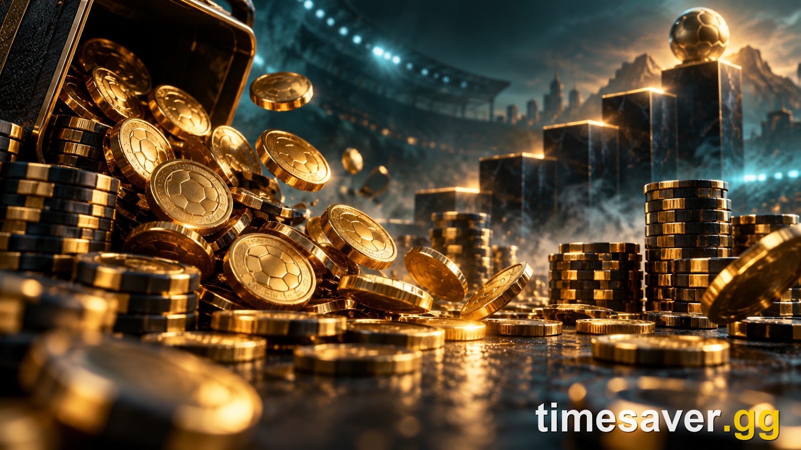 Stacked glowing coins illustrating the cost of building a budget Madden NFL 27 Ultimate Team