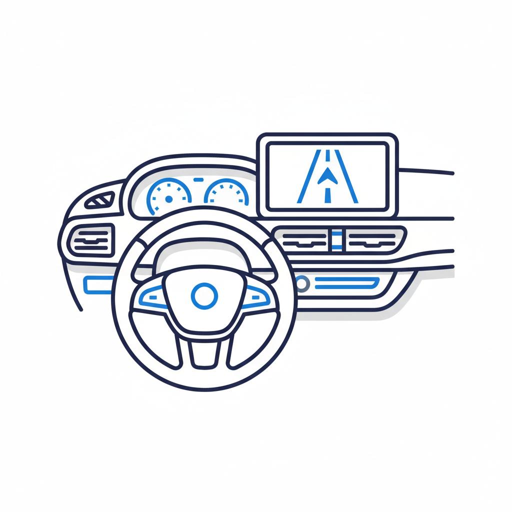 Minimalist 2D vector driver focused dashboard of a crossover showing sporty steering wheel and infotainment screen in trail blazer chevy style with white background and blue accents