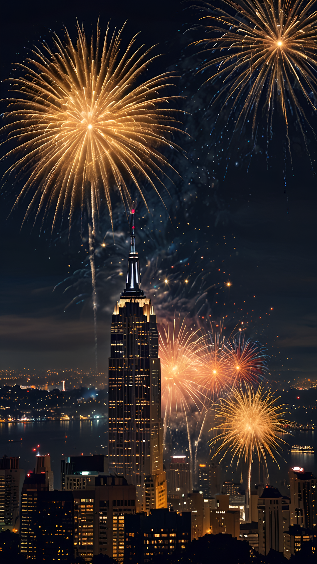 Golden Fireworks Illuminate Empire State Building at Night - Free 4K mobile Wallpaper
