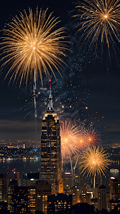 Golden Fireworks Illuminate Empire State Building at Night