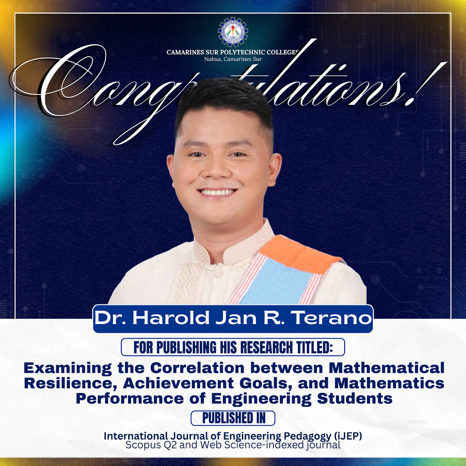 CSPC Congratulates Dr. Harold Jan R. Terano on Research Publication in a Scopus Q2 and Web of Science-Indexed Journal