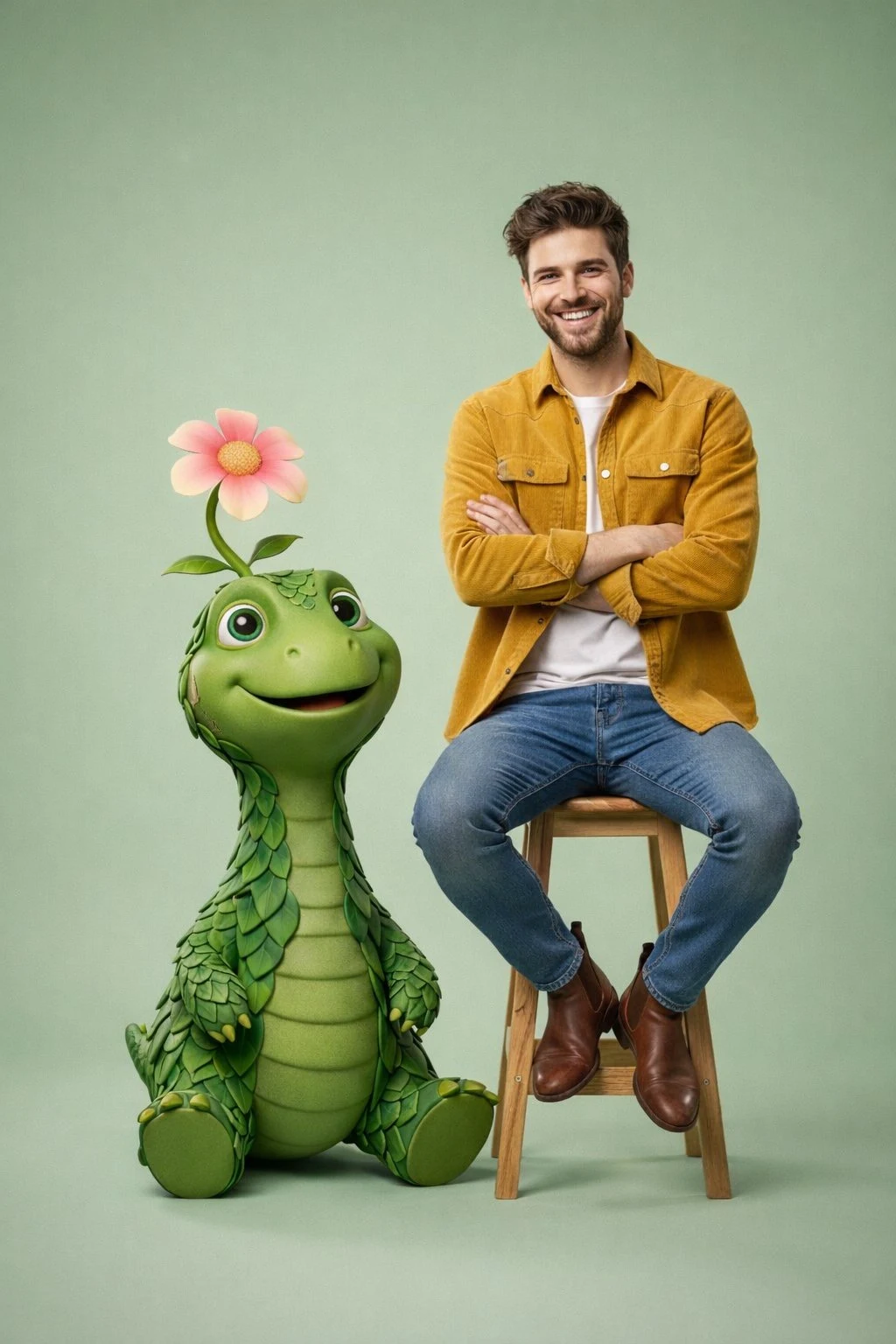 Un joven vestido informalmente con una simpática criatura de dibujos animados de dinosaurios con forma de planta verde.