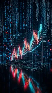Abstract Financial Candlestick Chart with Glowing Holographic Data Overlays