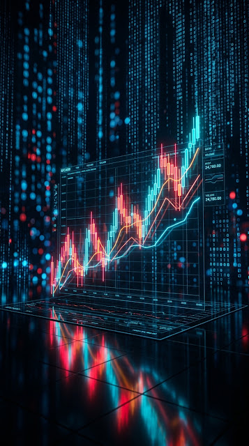 Abstract Financial Candlestick Chart with Glowing Holographic Data Overlays - Free mobile Wallpaper