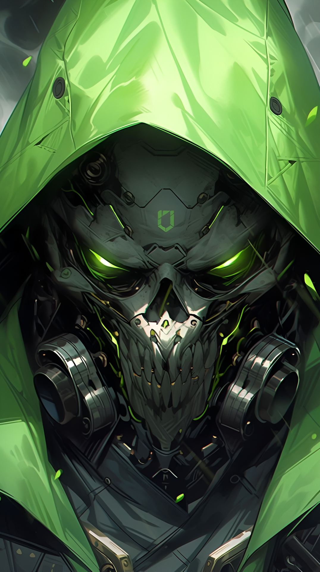 Cyberpunk Skull Mask Glowing Green Eyes Neon Hood Portrait - Free 4K mobile Wallpaper