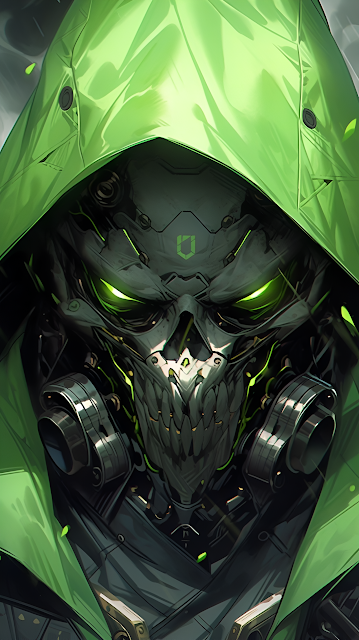 Cyberpunk Skull Mask Glowing Green Eyes Neon Hood Portrait - Free mobile Wallpaper