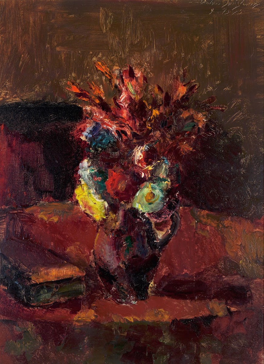 Blumenbouquet mit rotem Tischtuch 1913