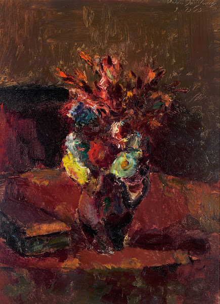 Blumenbouquet mit rotem Tischtuch 1913
