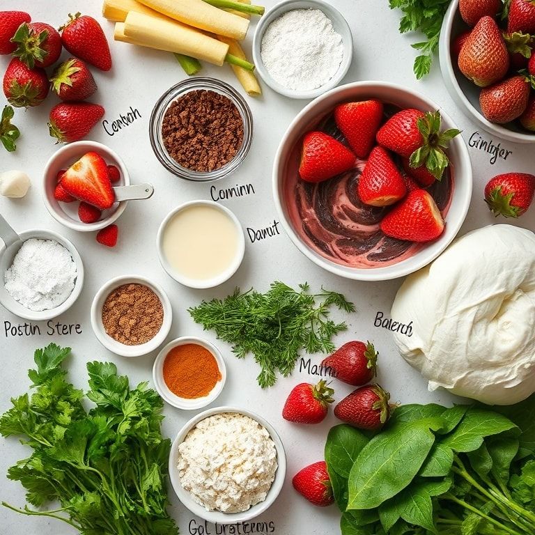 Ingredients for Chocolate Strawberry Swirl Cheesecake Recipe for Easy Dessert: Creamy and Fresh Swirled Delight
