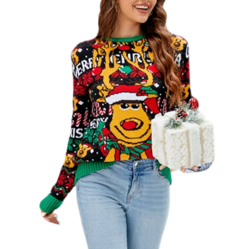 Loose Women's Christmas Sweater with Animal Motif
