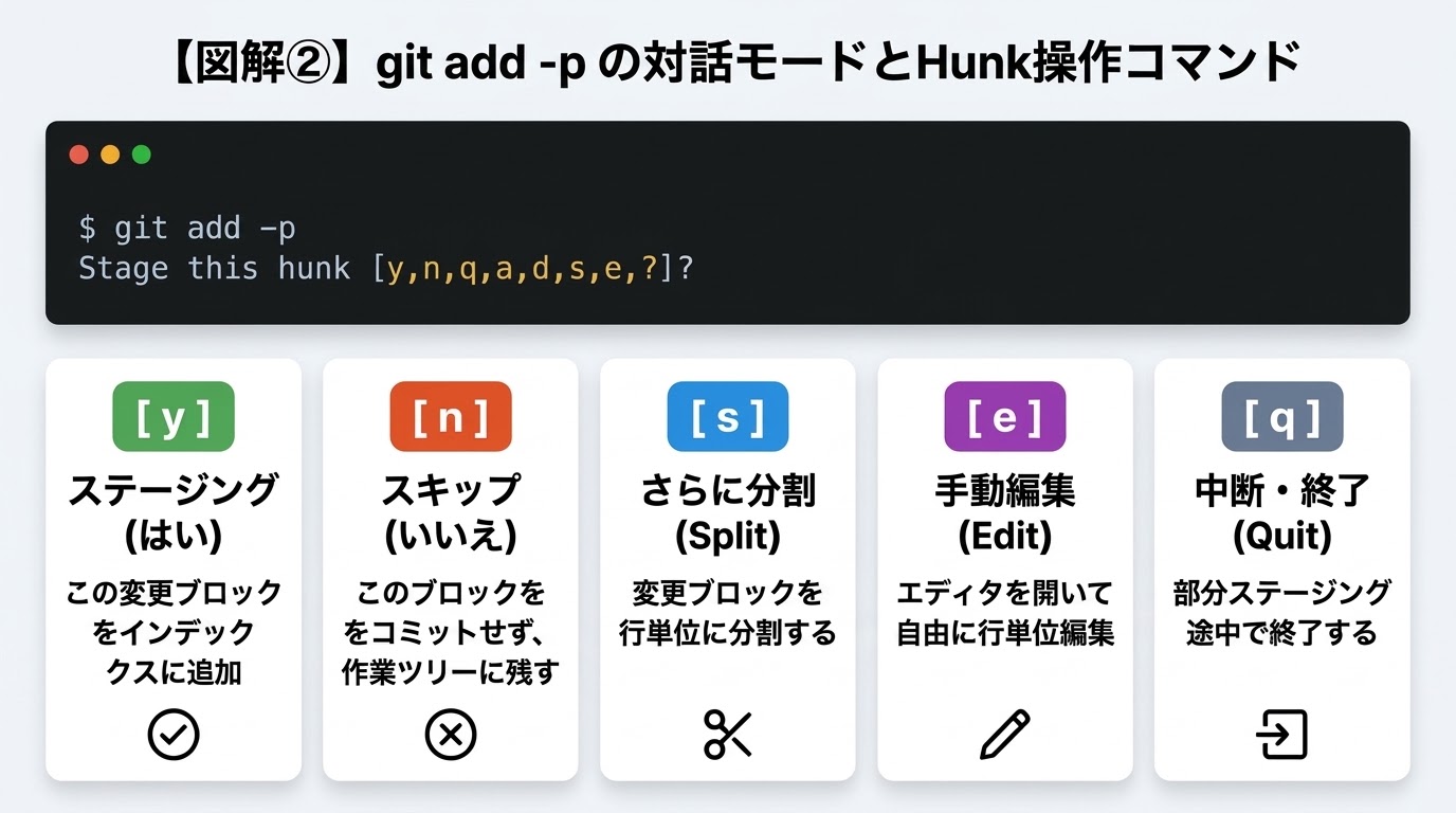 git add -p の対話モードとHunk操作コマンド完全図解