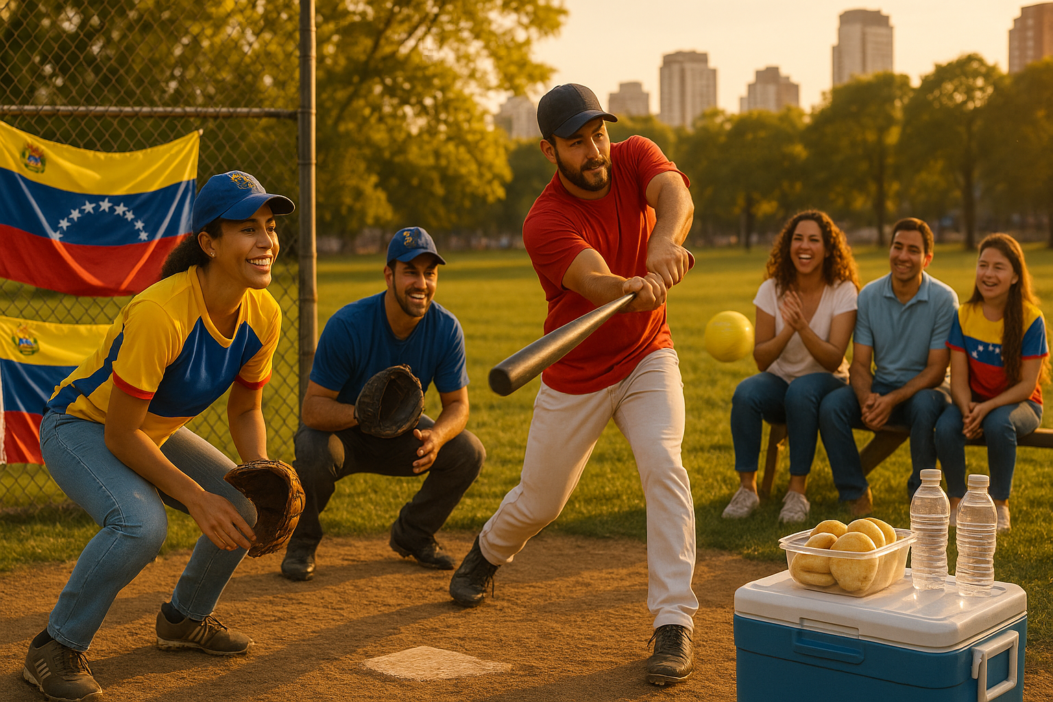 Venezolanos jugando softbol en un parque urbano con banderas