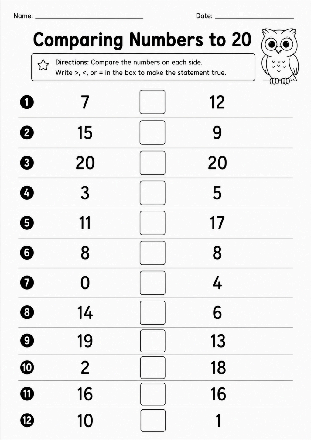 Comparing Numbers to 20 Worksheet