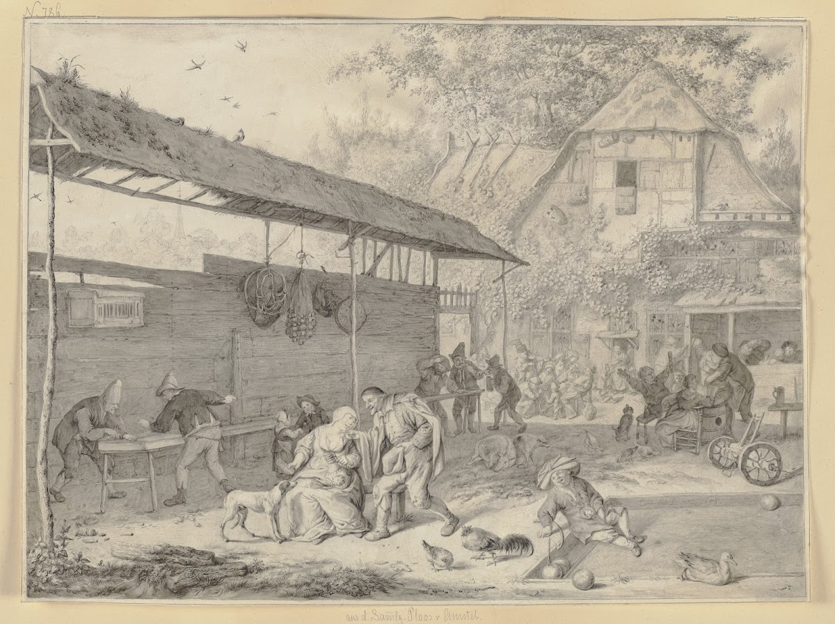 Bauernhof mit essendem trinkendem spielendem Volke 1693