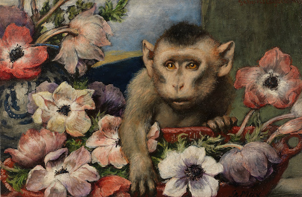 Geburtstagsblumen Affe mit Anemonen 1890