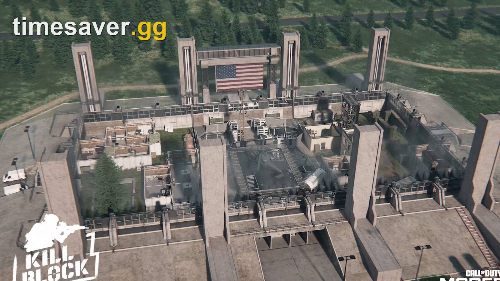 Modern Warfare 4 Kill Block map overhead — the modular Slab layout of the West Bridge training facility