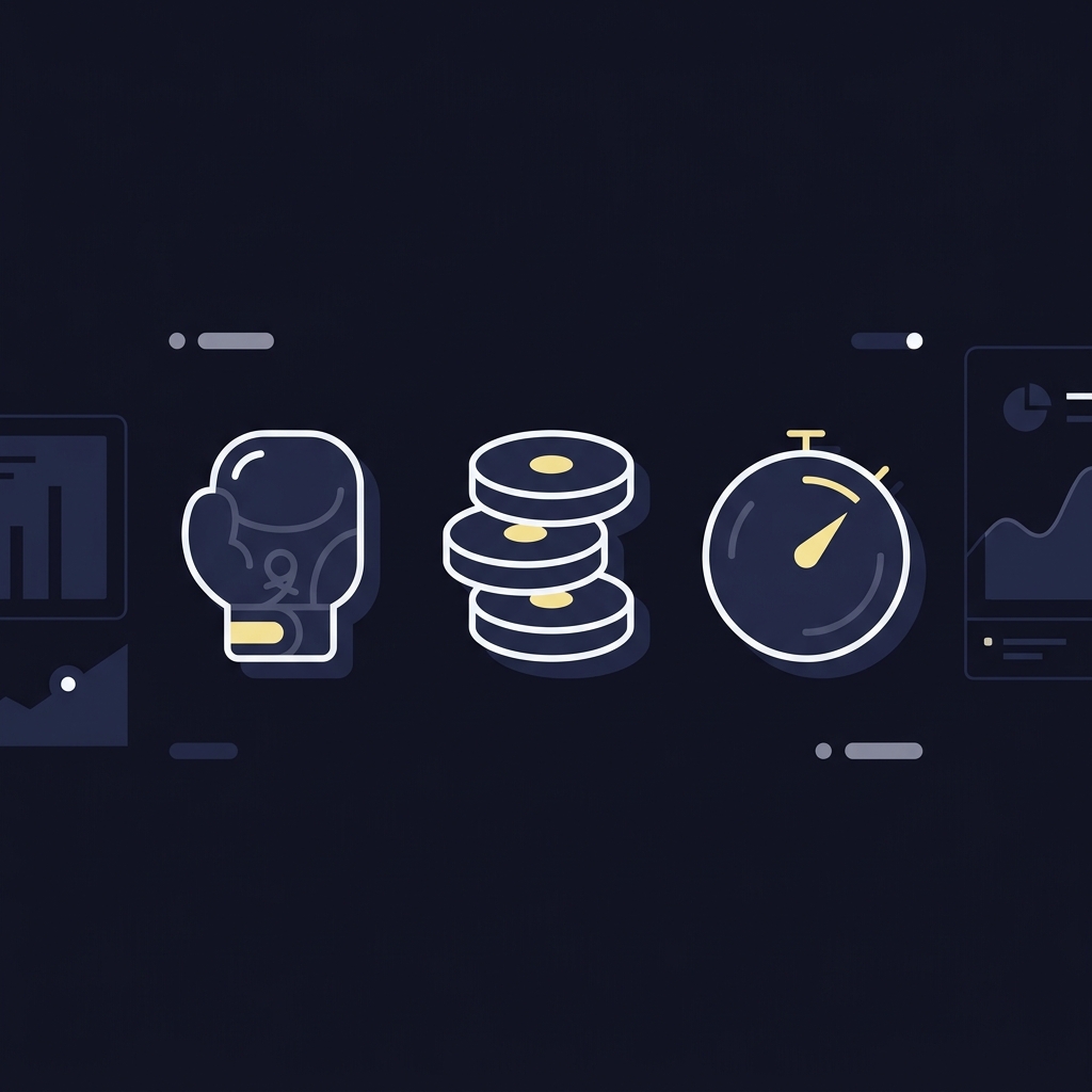 Minimalist 2D vector illustration representing Trading Boxing Moneylines and Round Props with a geometric boxing glove stacked coin icons and a round timer on a dark Funded Plays background